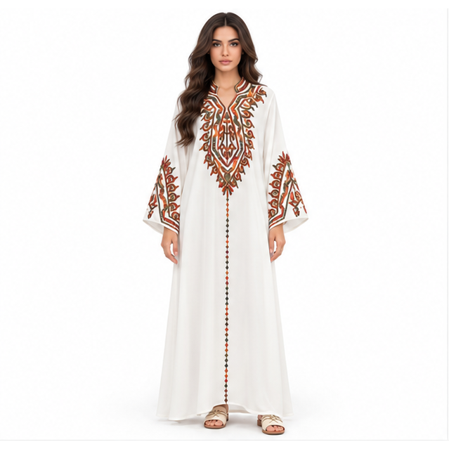 White Kaftan Elegant Embroidered Maxi Dress-1
