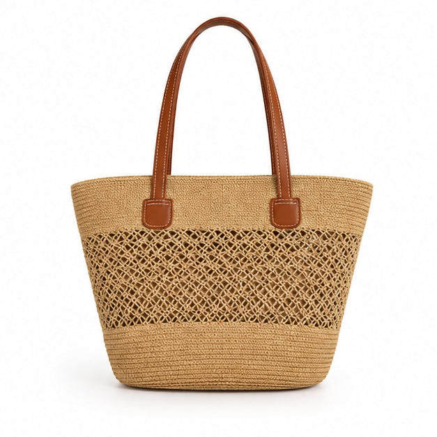 Natural Woven Raffia Leather Handle Tote-2