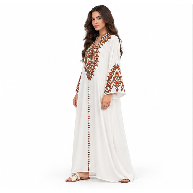 White Kaftan Elegant Embroidered Maxi Dress-2