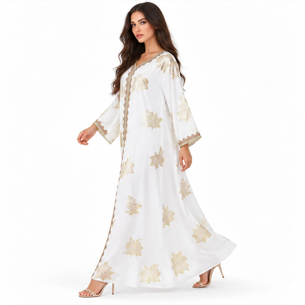 White Kaftan With Elegant Gold Embroidery-3