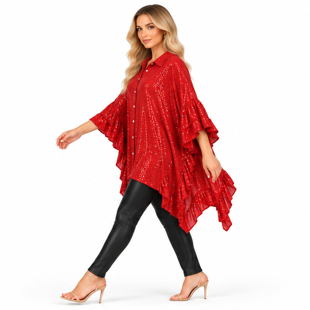 Elegant Red Sequin Ruffle Kaftan Top-3