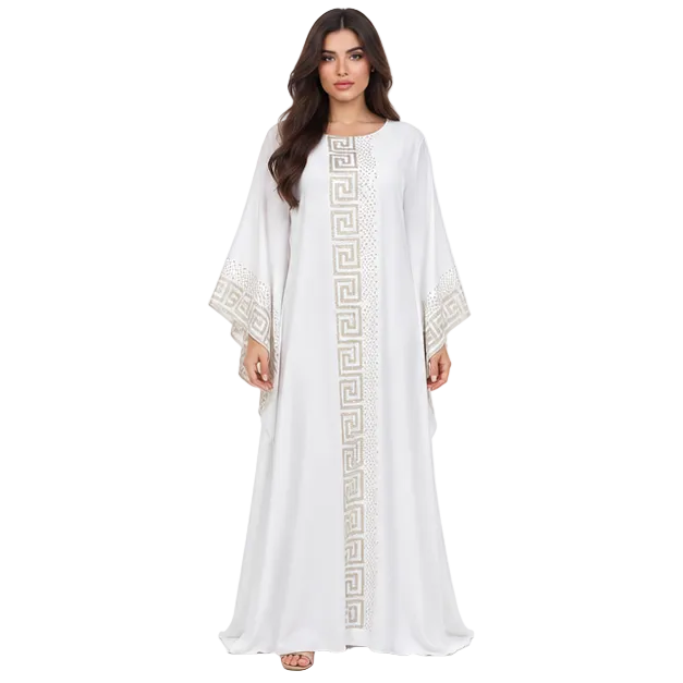 White Kaftan With Elegant Geometric Embroidery-1