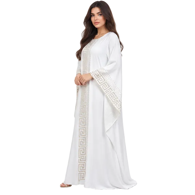 White Kaftan With Elegant Geometric Embroidery-3