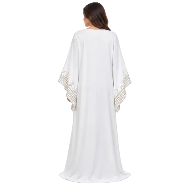 White Kaftan With Elegant Geometric Embroidery-4