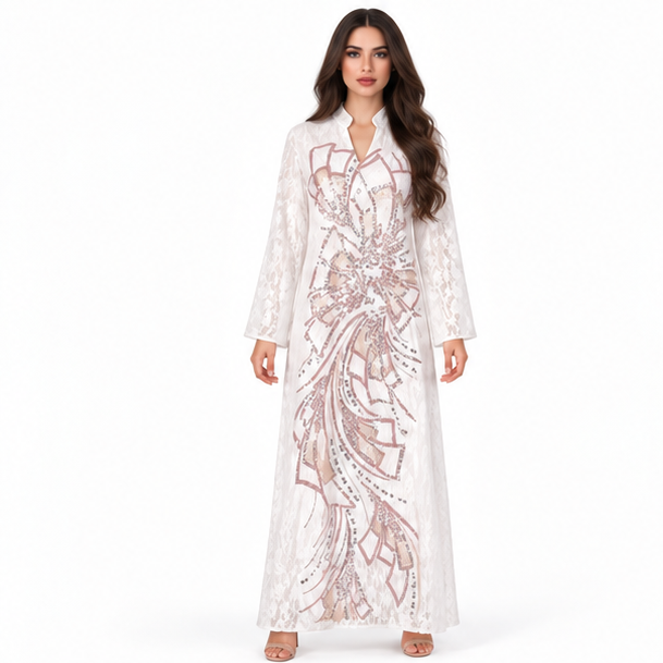 White Kaftan With Elegant Sequin Embroidery-1