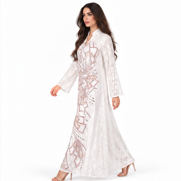 White Kaftan With Elegant Sequin Embroidery-3