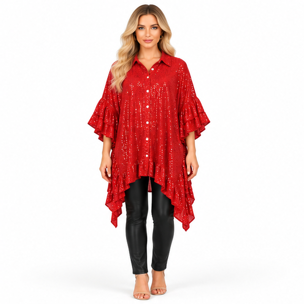 Elegant Red Sequin Ruffle Kaftan Top