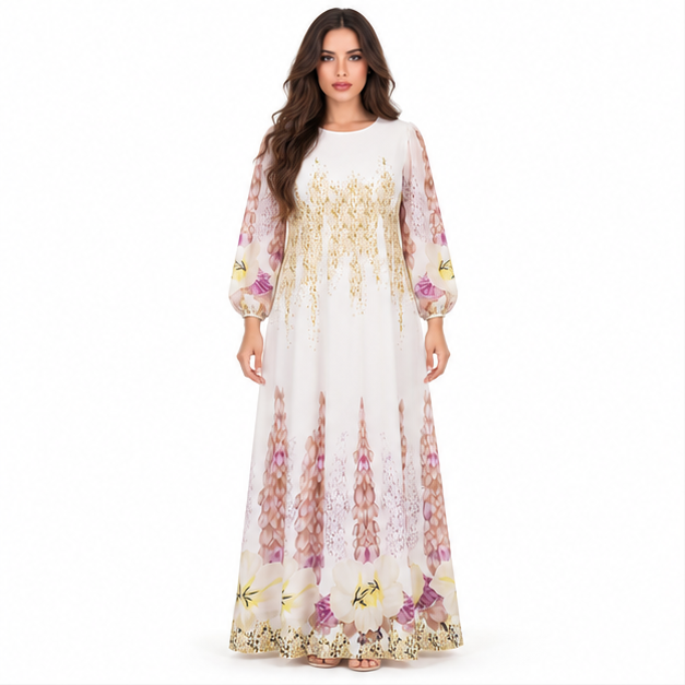 White Kaftan Elegant Floral Maxi Dress-1