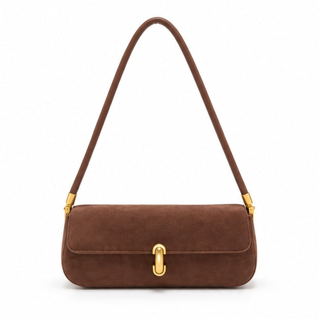 Elegant Brown Suede Shoulder Baguette Bag-4
