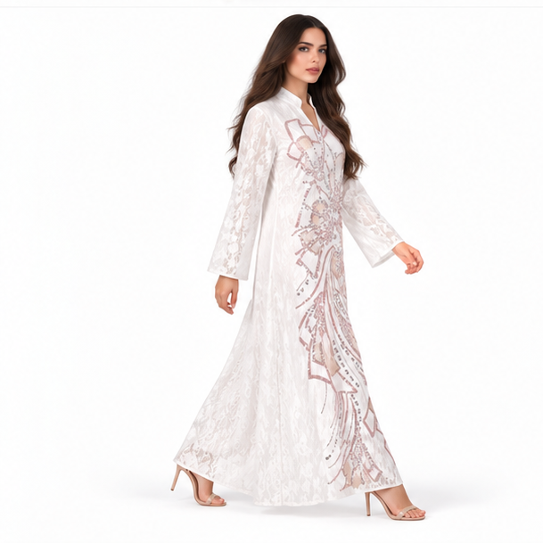 White Kaftan With Elegant Sequin Embroidery-2