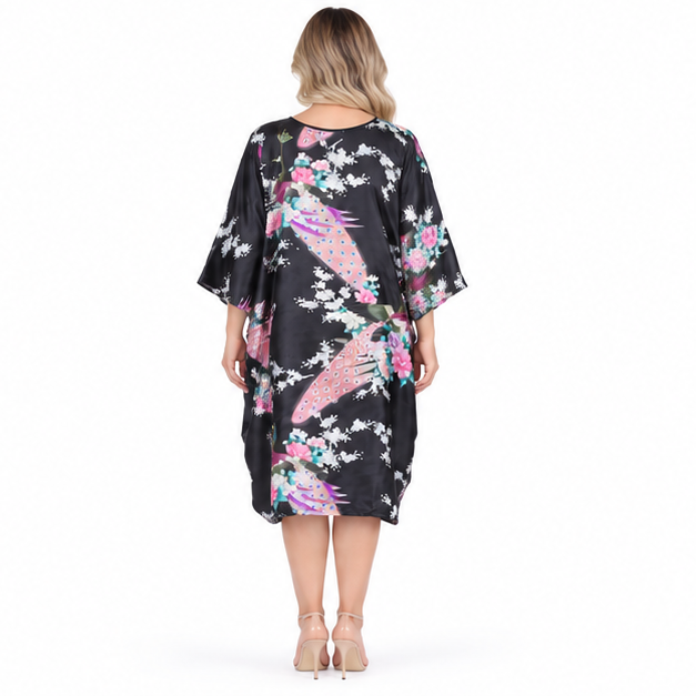 Elegant Black Floral Peacock Kaftan Top-4