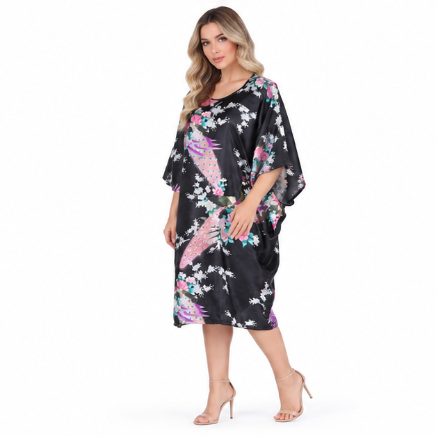 Elegant Black Floral Peacock Kaftan Top-3
