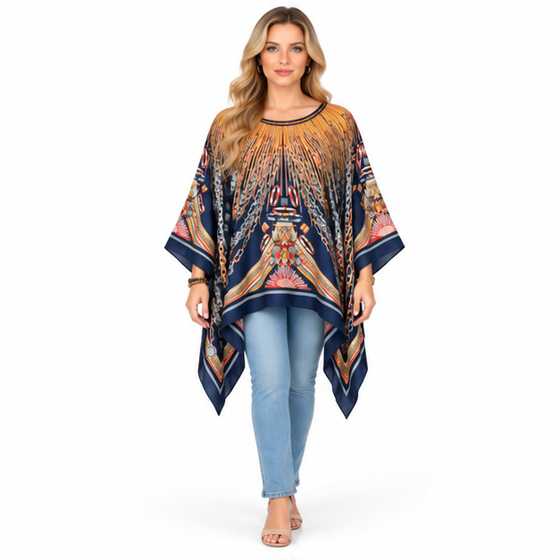 Elegant Navy Blue Printed Kaftan Top