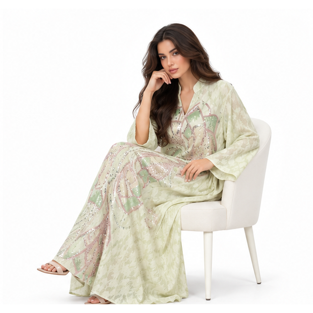 Elegant Mint Green Embroidered Sequin Kaftan-3