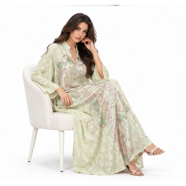 Elegant Mint Green Embroidered Sequin Kaftan-2