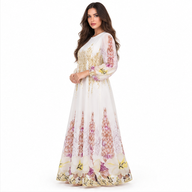 White Kaftan Elegant Floral Maxi Dress-2