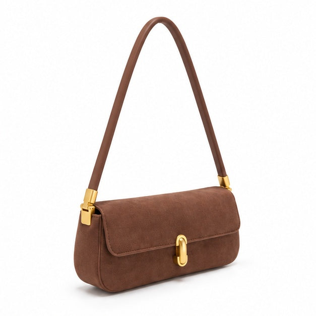 Elegant Brown Suede Shoulder Baguette Bag