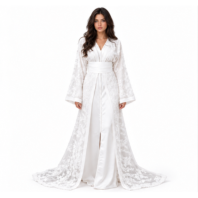White Kaftan With Elegant Floral Embroidery-1