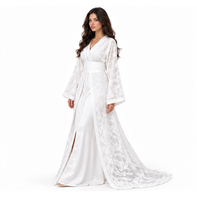 White Kaftan With Elegant Floral Embroidery-3