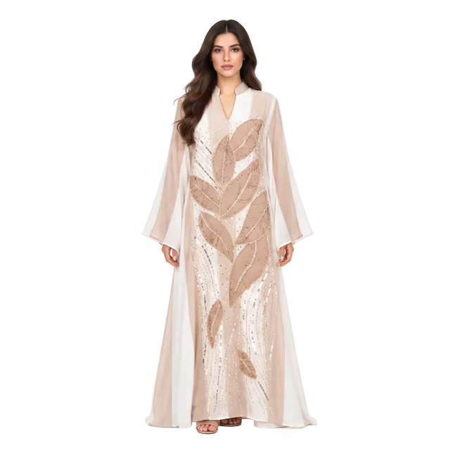 Elegant Gold Leaf Embroidered White Kaftan-1