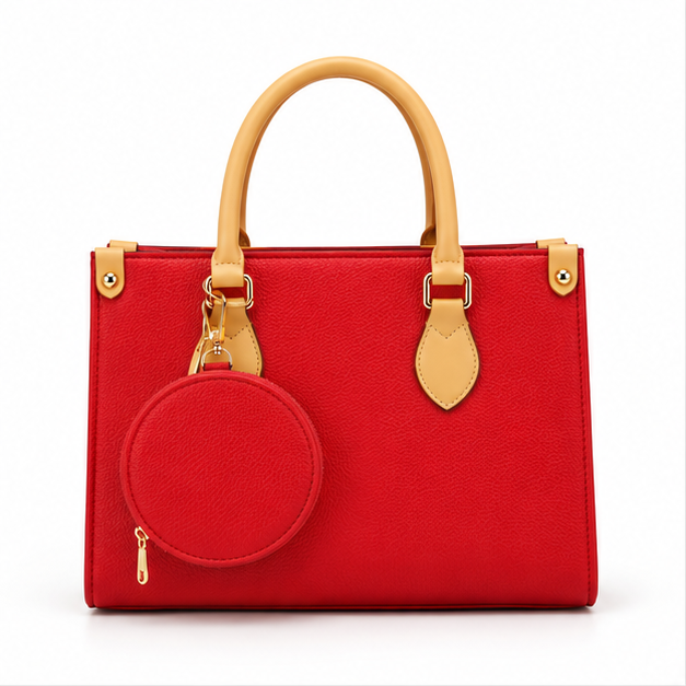 Red Structured Tote With Round Pouch-4