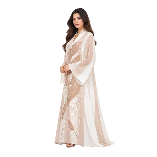 Elegant Gold Leaf Embroidered White Kaftan-2