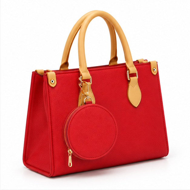 Red Structured Tote With Round Pouch-1