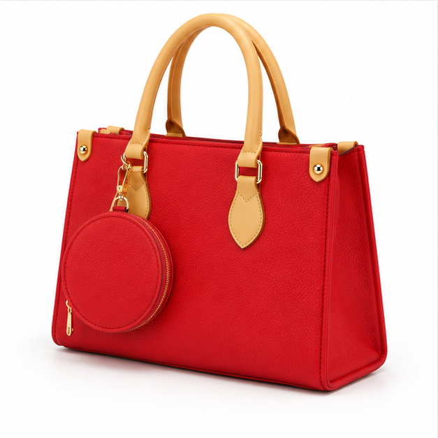 Red Structured Tote With Round Pouch-3