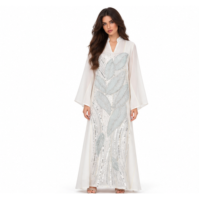 Elegant White Kaftan With Silver Embroidery-1