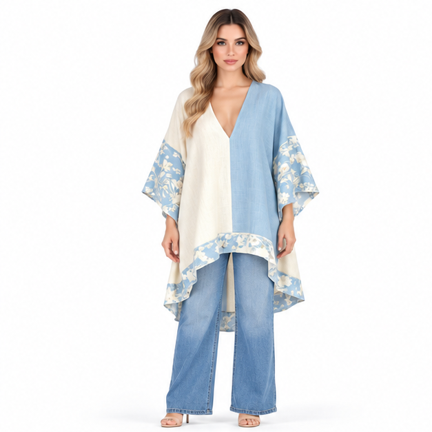 Elegant Blue Cream Floral Kaftan Top-1