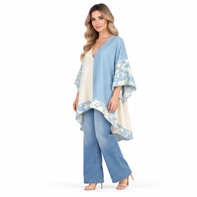 Elegant Blue Cream Floral Kaftan Top-2