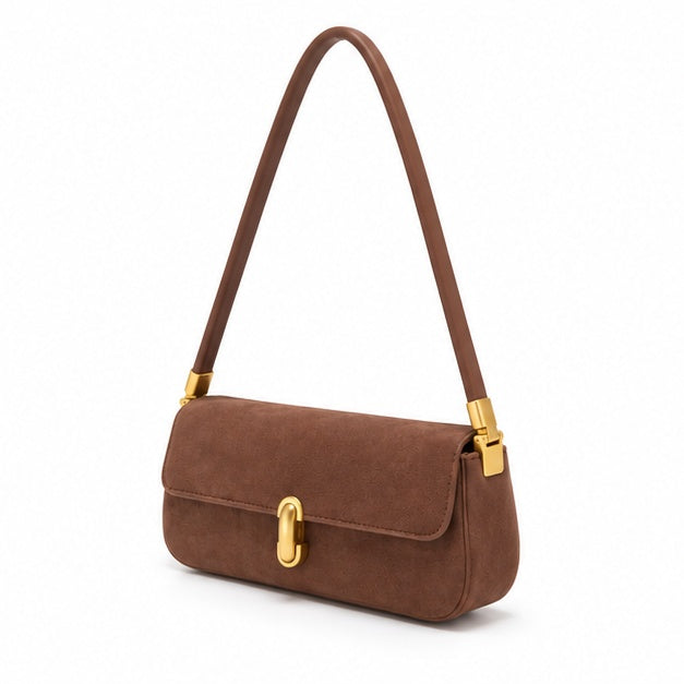 Elegant Brown Suede Shoulder Baguette Bag-3