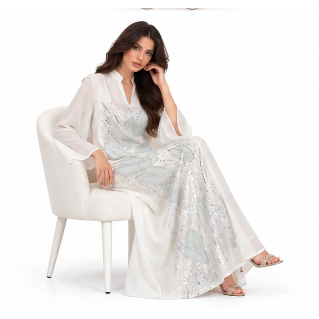 Elegant White Kaftan With Silver Embroidery-2