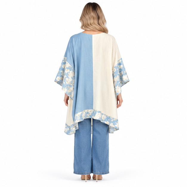 Elegant Blue Cream Floral Kaftan Top-4