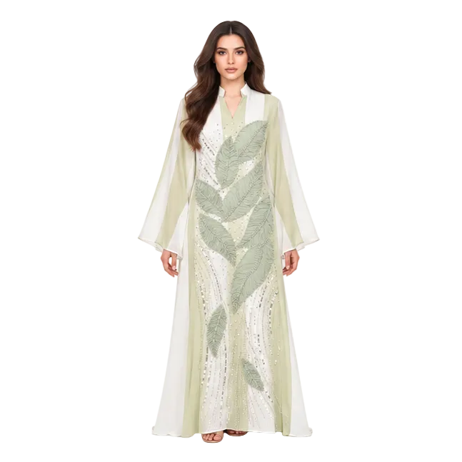 Sage Green Leaf Embroidered White Kaftan