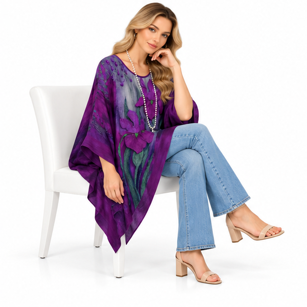 Elegant Purple Iris Floral Kaftan Top