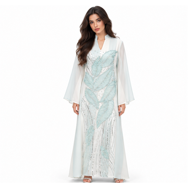 Elegant White Kaftan With Blue Embroidery-1
