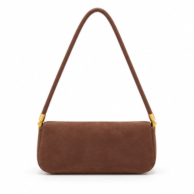 Elegant Brown Suede Shoulder Baguette Bag