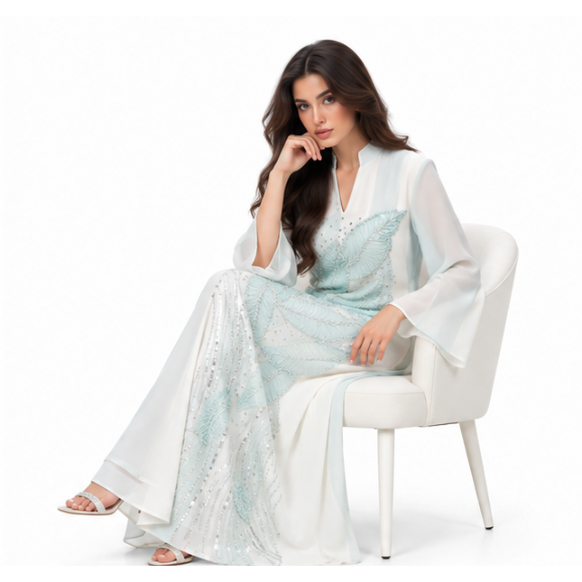 Elegant White Kaftan With Blue Embroidery-3