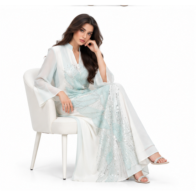 Elegant White Kaftan With Blue Embroidery-2