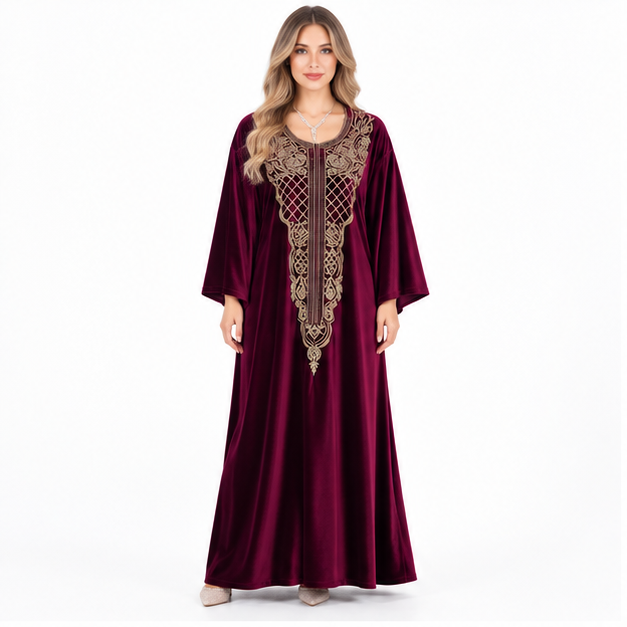 Wine Red Velvet Kaftan With Embroidery-1