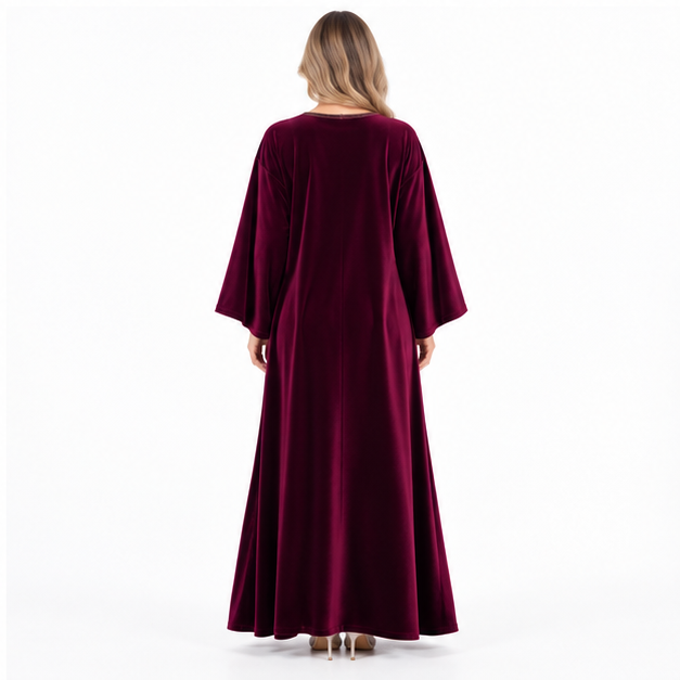 Wine Red Velvet Kaftan With Embroidery-4
