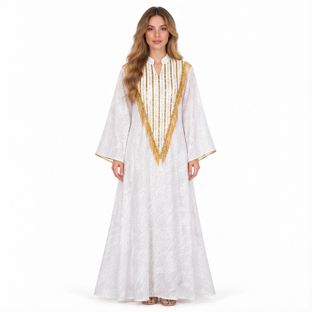 Elegant White Gold Embroidered Sequin Kaftan-1