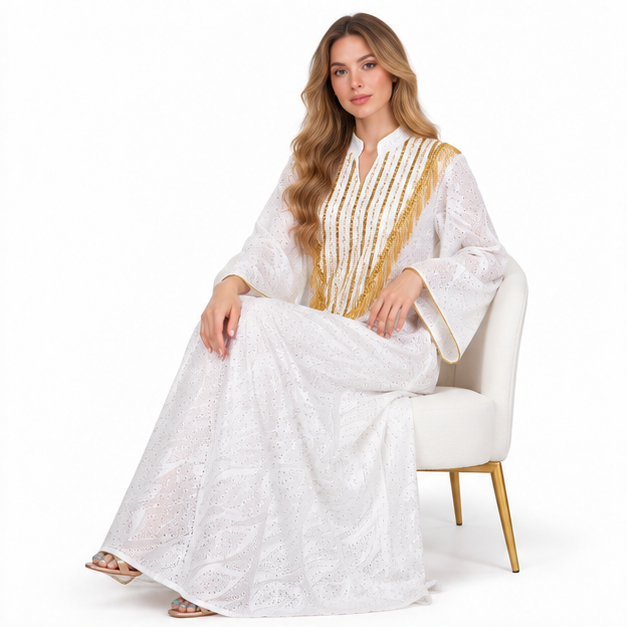 Elegant White Gold Embroidered Sequin Kaftan-3