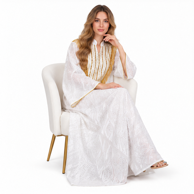 Elegant White Gold Embroidered Sequin Kaftan-2