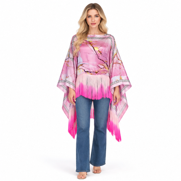 Elegant Pink Floral Fringe Kaftan Tops-1