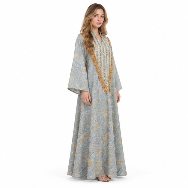 Elegant Light Green Gold Sequin Kaftan