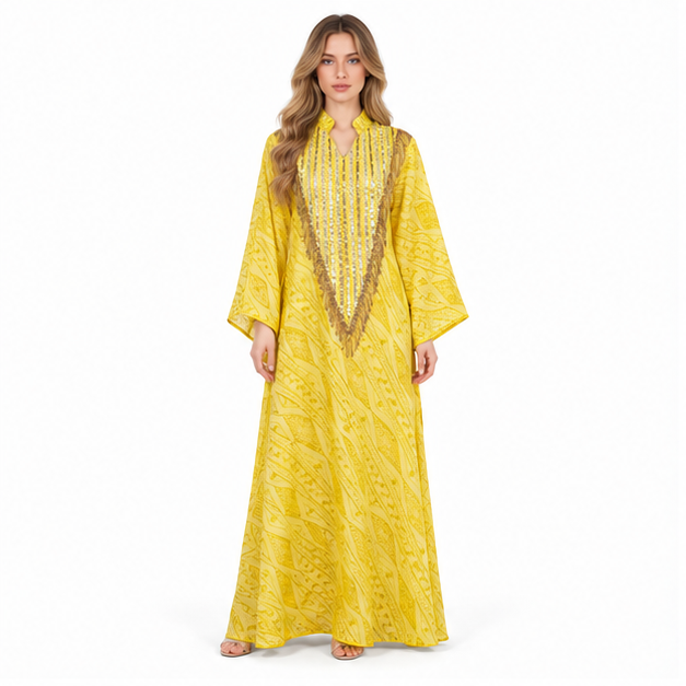 Elegant Yellow Embroidered Sequin Kaftan Dress-1