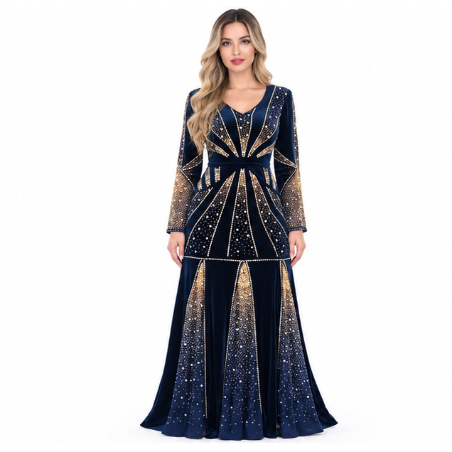 Elegant Navy Blue Embellished Velvet Kaftan-1