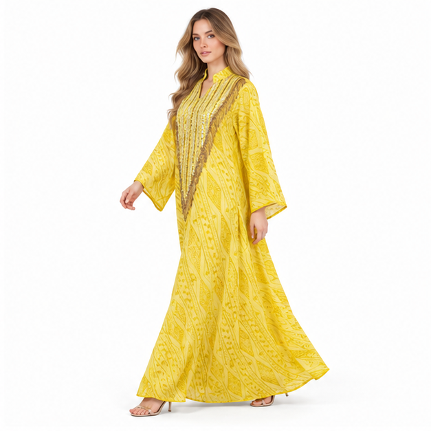 Elegant Yellow Embroidered Sequin Kaftan Dress-3